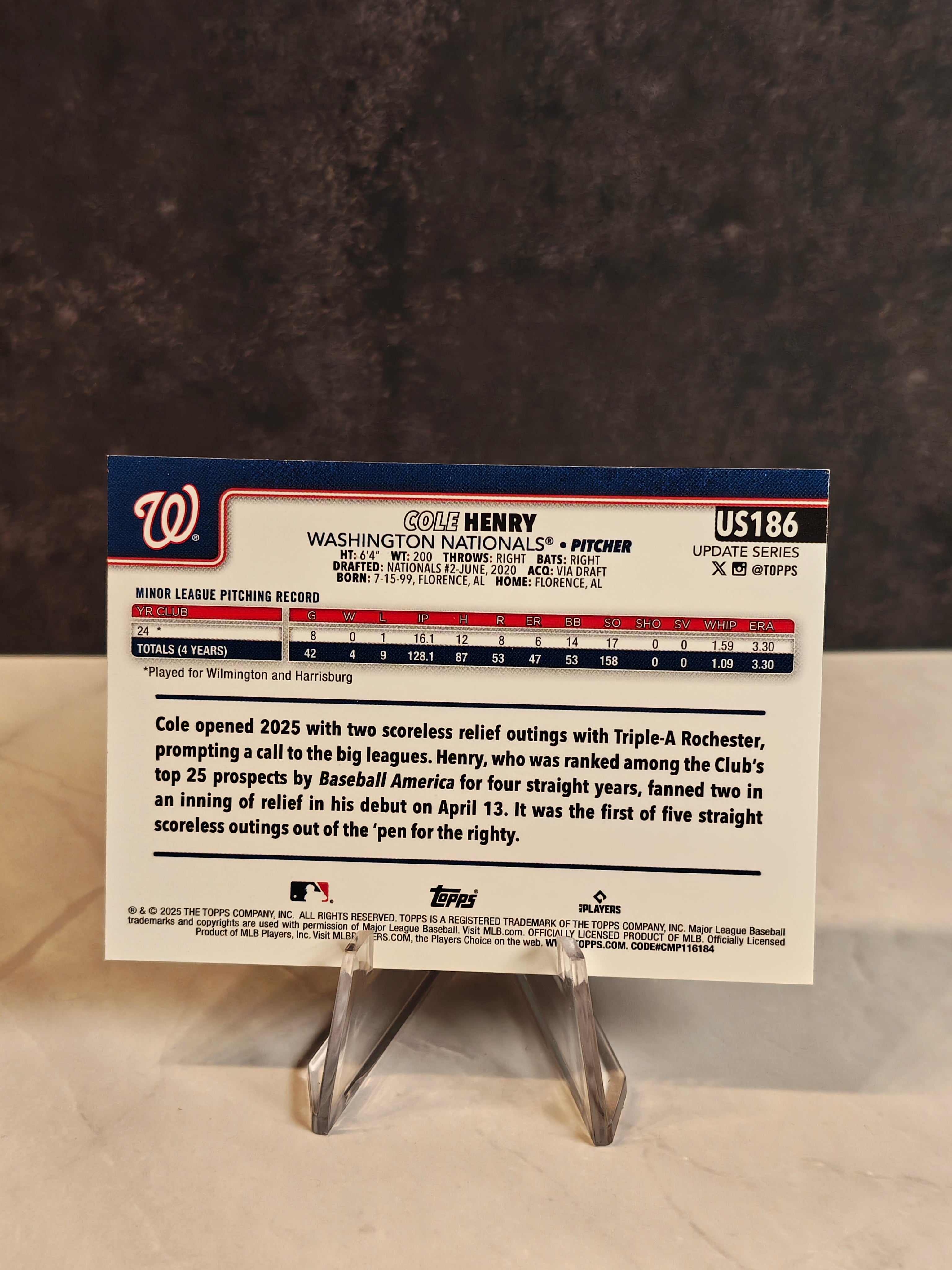 2025 Topps Update #US186 Cole Henry Aqua Holo Foil
