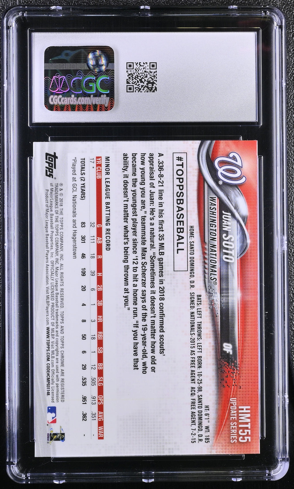2018 Topps Chrome Update #HMT55 Juan Soto CGC9 Mint