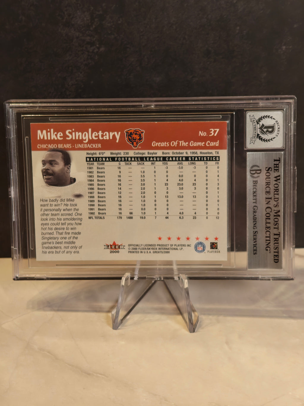 2000 Fleer Greats of the Game #37 Mike Singletary Gold Border Autographs BGS 10