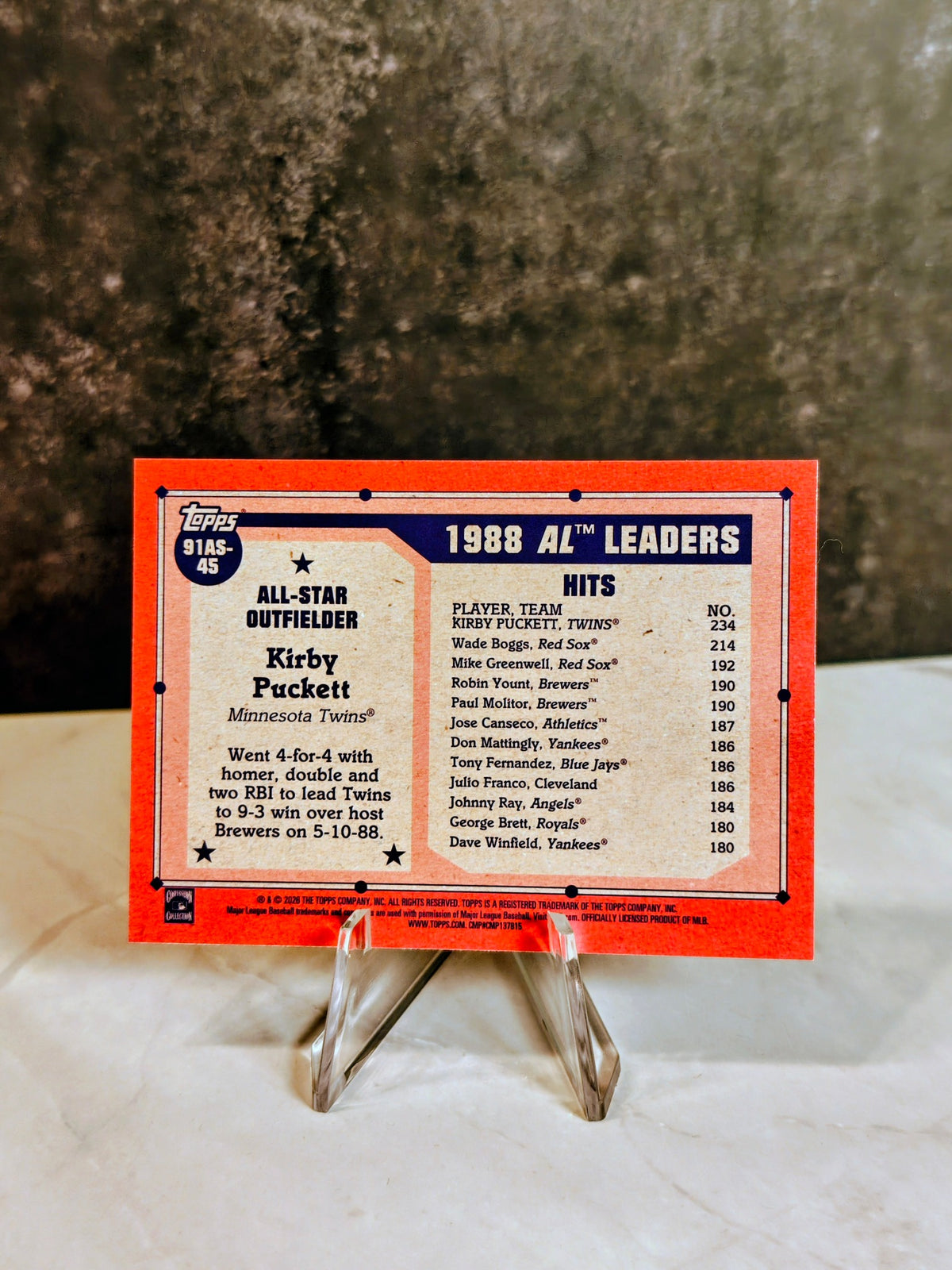 1991 Topps KIRBY PUCKETT All-Star Card #389 Minnesota Twins HOF Legend